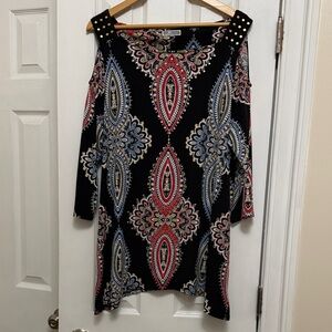 JM Collection Black Paisley Cold Shoulder Tunic with Red and Blue Accents